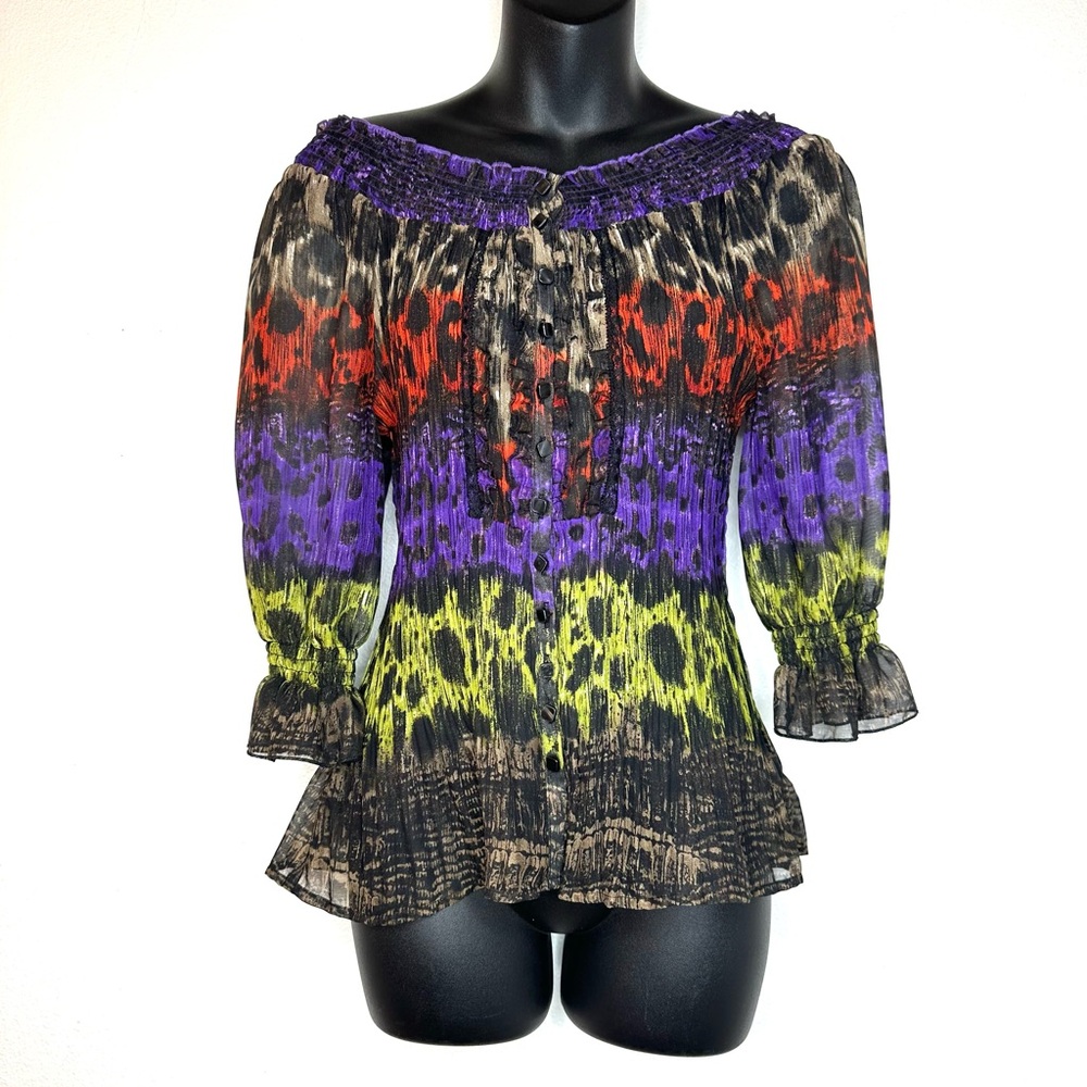 VTG Women's Off the Shoulder Blouse M Leopard Print Jewel Tones Peasant Top